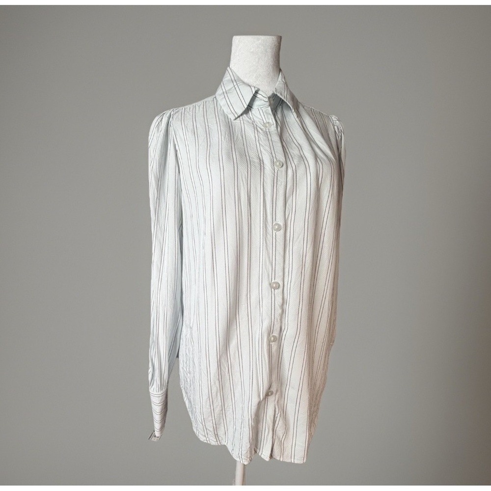Light Blue Striped Rayon Long Sleeve Button Down Blouse Shirt  Capsule